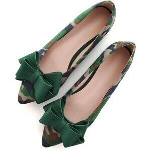 Women's Camouflage Green Bowknot Ballet Flats Pointy Toe Casual Flat Shoes Suede